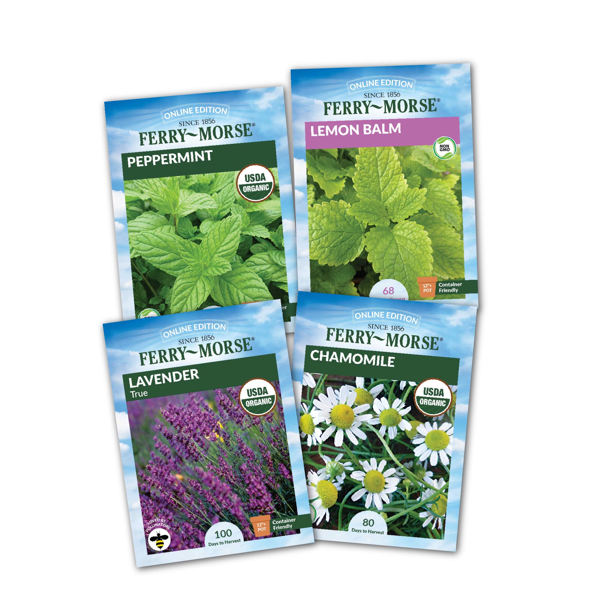 Four packets of herb seeds from Ferry-Morse, including Peppermint, Lemon Balm, Lavender, and Chamomile varieties.